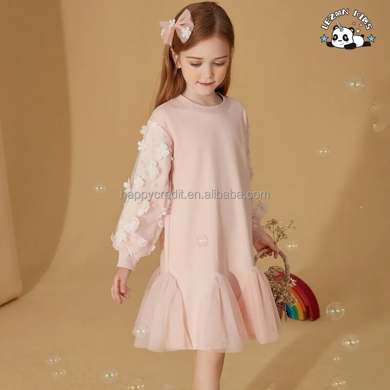 LEZONKIDS - Novos vestidos de meninas com aplicação de flor de tule de manga longa de algodão fofos e soltos para meninas